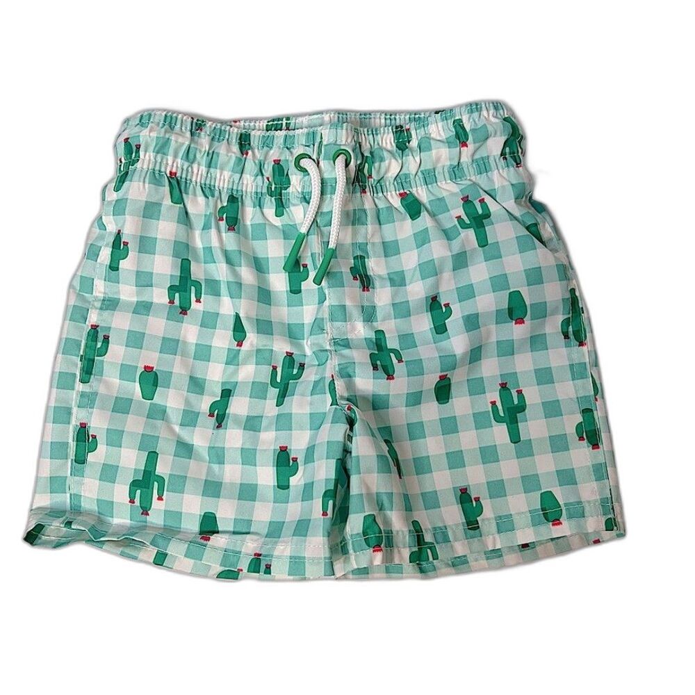 Cat & Jack Boys' Green & White Cactus Plaid Swim Trunks Infant Size 18M NEW!